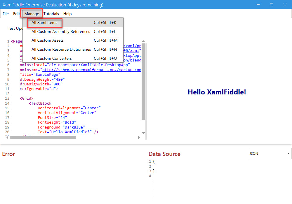 Choose menu Xaml Items Manager