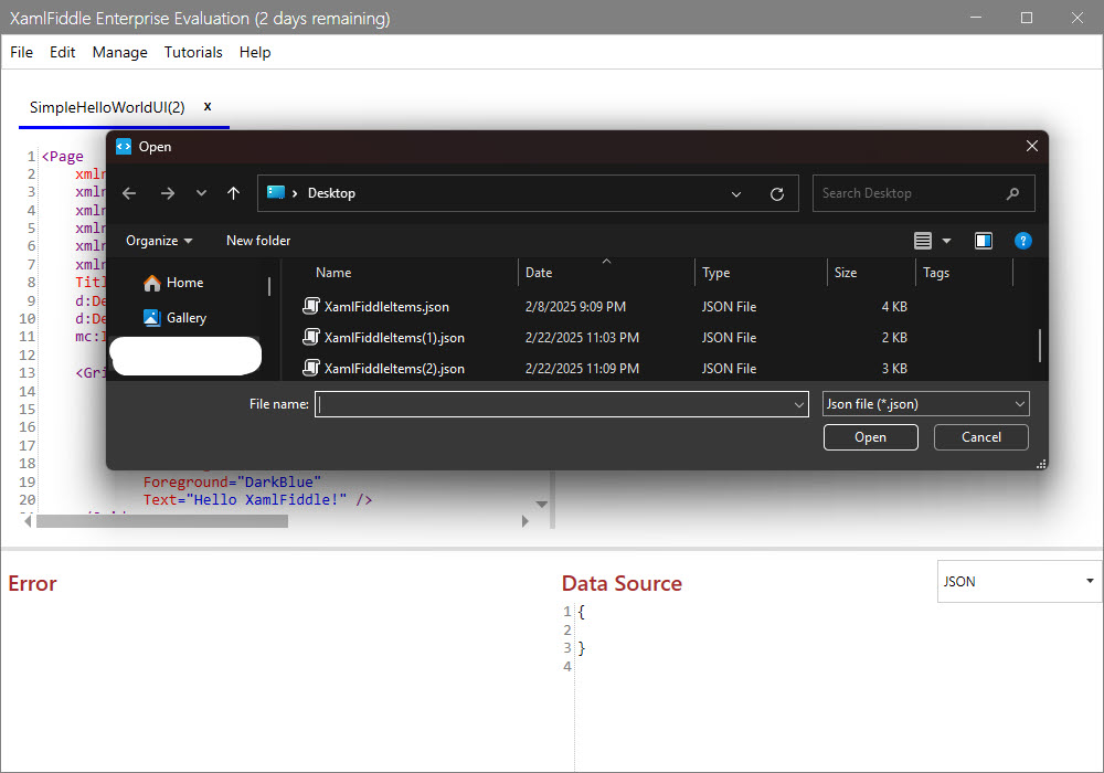 Browse JSON File Dialog