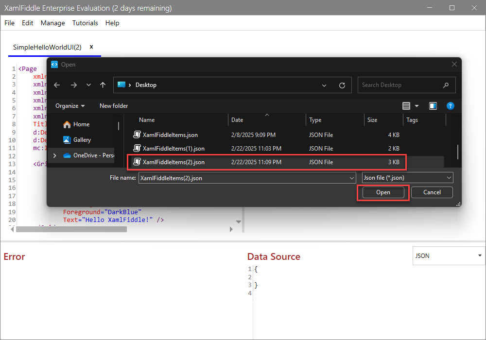 Choose JSON File to Import
