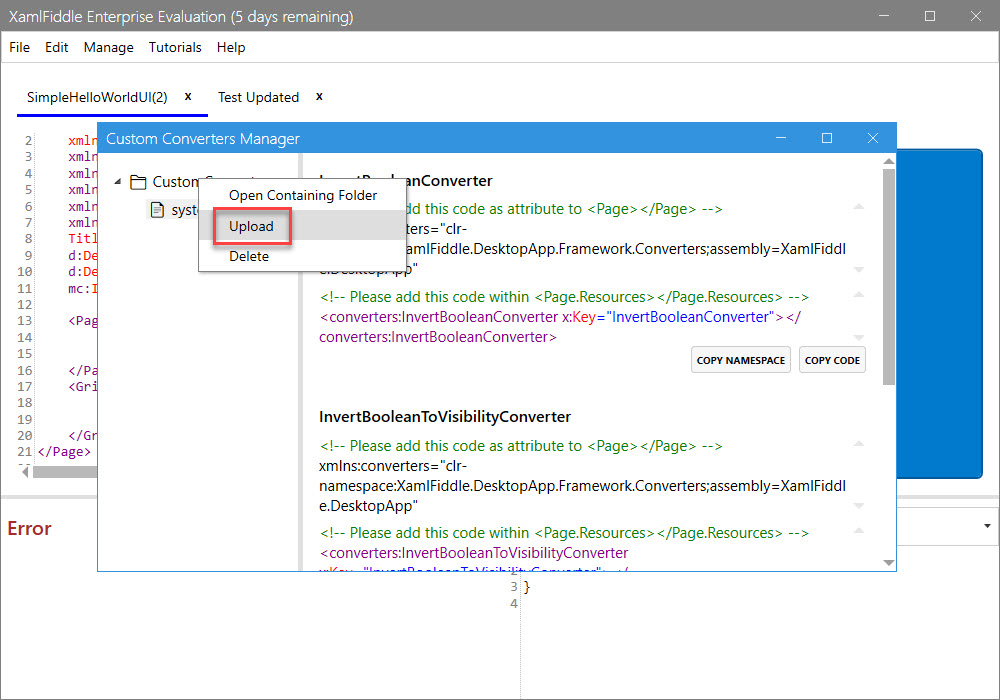 Upload Custom Converters Menu