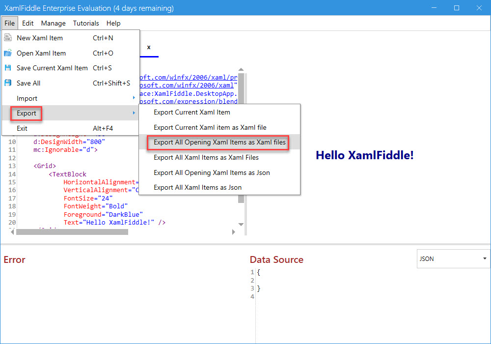 Export all opening XAML items as XAML files