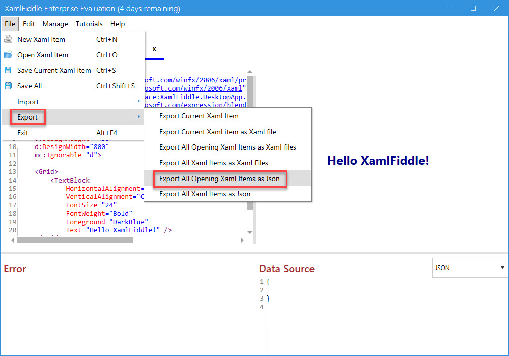 Export all XAML items as JSON