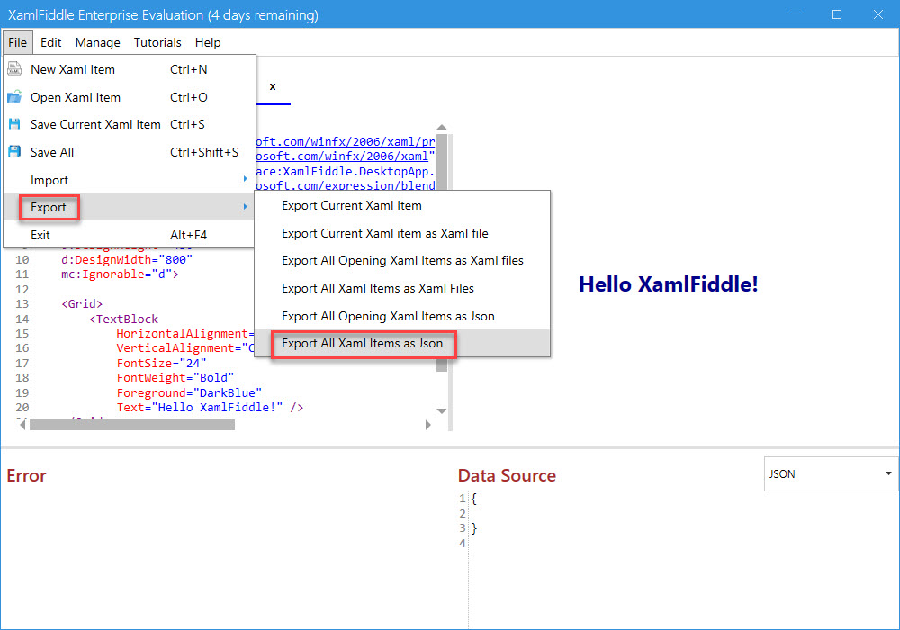 Export all XAML Items as JSON
