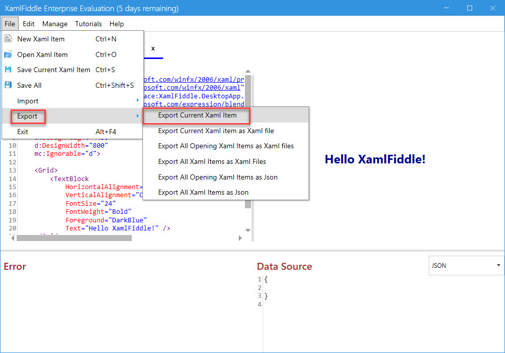 Export Current XAML Item