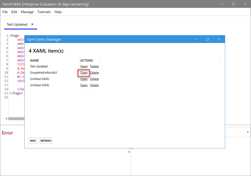 Open XAML Item