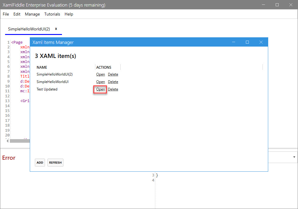 Open XAML Item