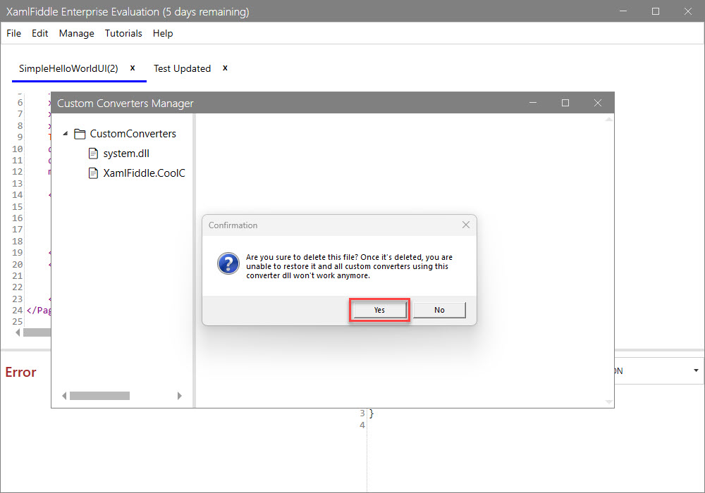 Yes Deletion Confirmation Dialog